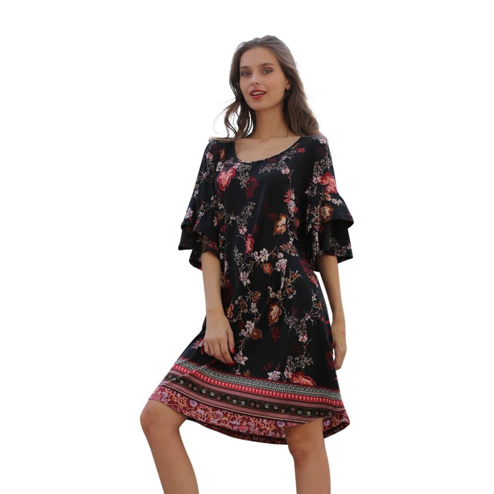 Angie Floral Double Ruffle Sleeve Dress, Black
